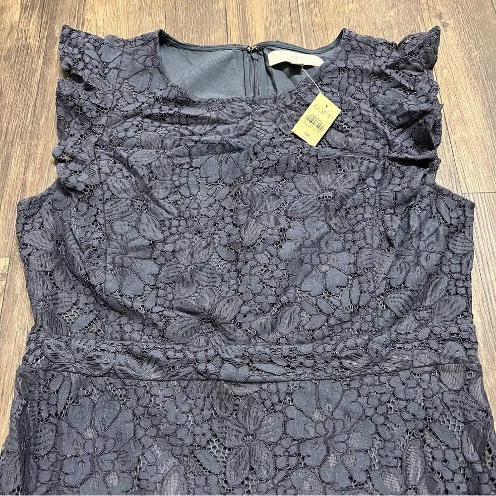 NWT Loft Navy Blue Floral Lace Ruffle Mini Flutter Sleeve Cocktail Dress 10P - Picture 9 of 15
